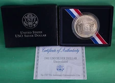 1991 D BU USO Silver Dollar Commemorative Coin w/ Box & COA UNCIRCULATED US Mint
