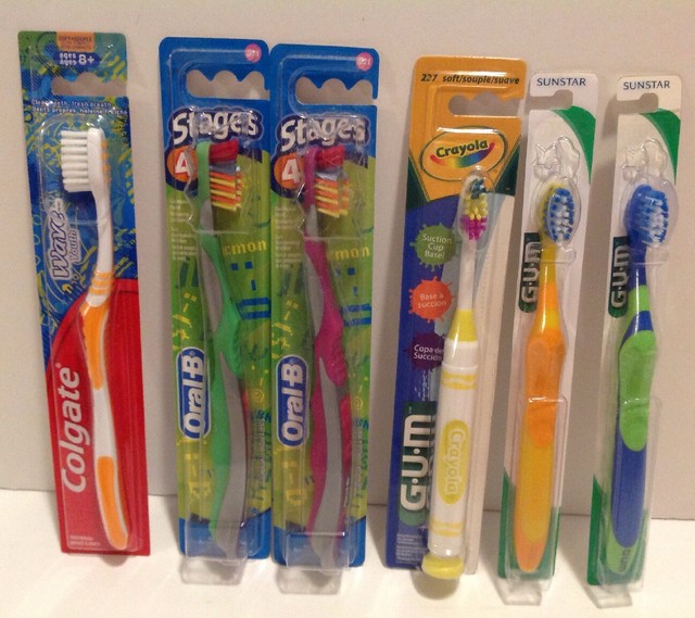 6 Youth Toothbrushes GUM Crayola & OralB Stages 4 & Colgate Wave Youth