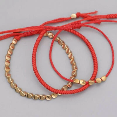 3 Stück Tibetisch Buddhistisch Geflochten Kupfer Perlen Rot Seil Armband Armreif - Bild 1 von 4