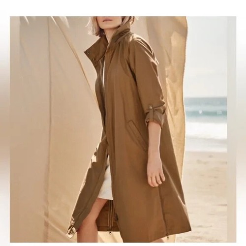 Garnet Hill Womens Longline Modern Trench Coat Jacket Size L Brown Hooded Collar
