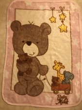 Vintage Baby Mink Plush Blanket Pink Bear Stars Teddy Wagon Elephant