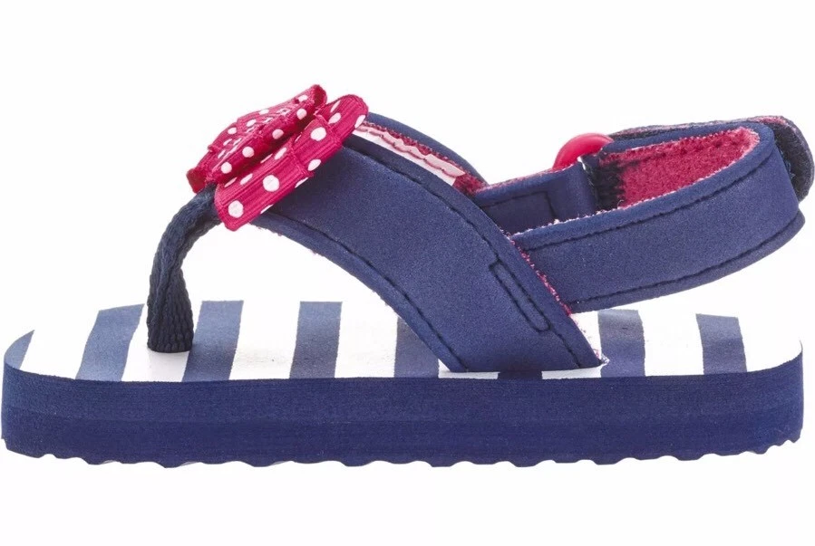 Girls Toddler Beach Flip Flop W Ankle Strap Size 4 Blue Stripes Pink Bow - Image 2 of 4