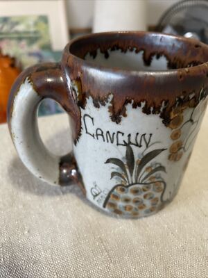 Tonal Cancun Folk Art Mug Cup With Birds Trees Brown Blue Mug Mexican Pottery