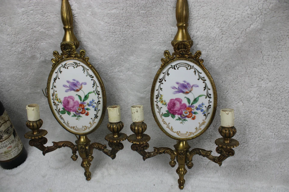 PAR de apliques de pared florales placa porcelana limoges franceses raros 1970  Foto 2 de 4