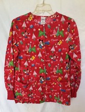 DISNEY Red Mickey  Minnie Mouse Christmas Tree LS Scrub Top Size XS