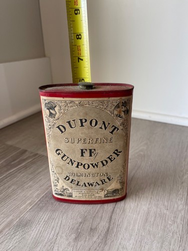 1924 DUPONT SUPERFINE FFFg GUNPOWDER EMPTY TIN ORIGINAL PAPER LABEL - Picture 6 of 8