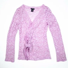 Moda International Sheer Pink Lace Wrap Blouse Top Long Sleeve Tie Front XS