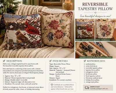 Reversible Cardinal Tapestry Throw Pillow 16 X 16 Bird Floral Cottagecore
