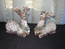 Pair of laying Deer Reindeer Christmas Pinecone Resin Figurines Statue 6  