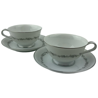 Noritake Crestmont Cups and Saucers Set of 2 VTG 6013 Floral Platinum Japan