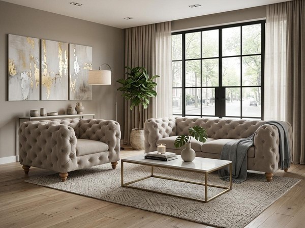 LuxuriöSes Beiges Wohnzimmer-Set 2,5+1-Sitzer-Sofas Chesterfield Gesteppte-image