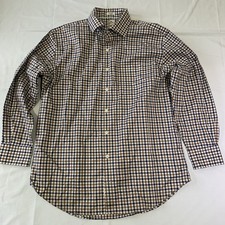 Peter Millar Mens Brown Blue Checkered Dress Shirt 16.5 Regular Cotton