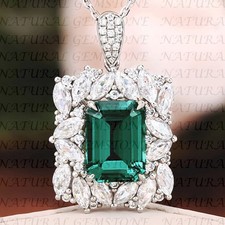 4.70Ct Emerald Shape Natural Emerald and Diamond Pendant 18K White Gold Plated