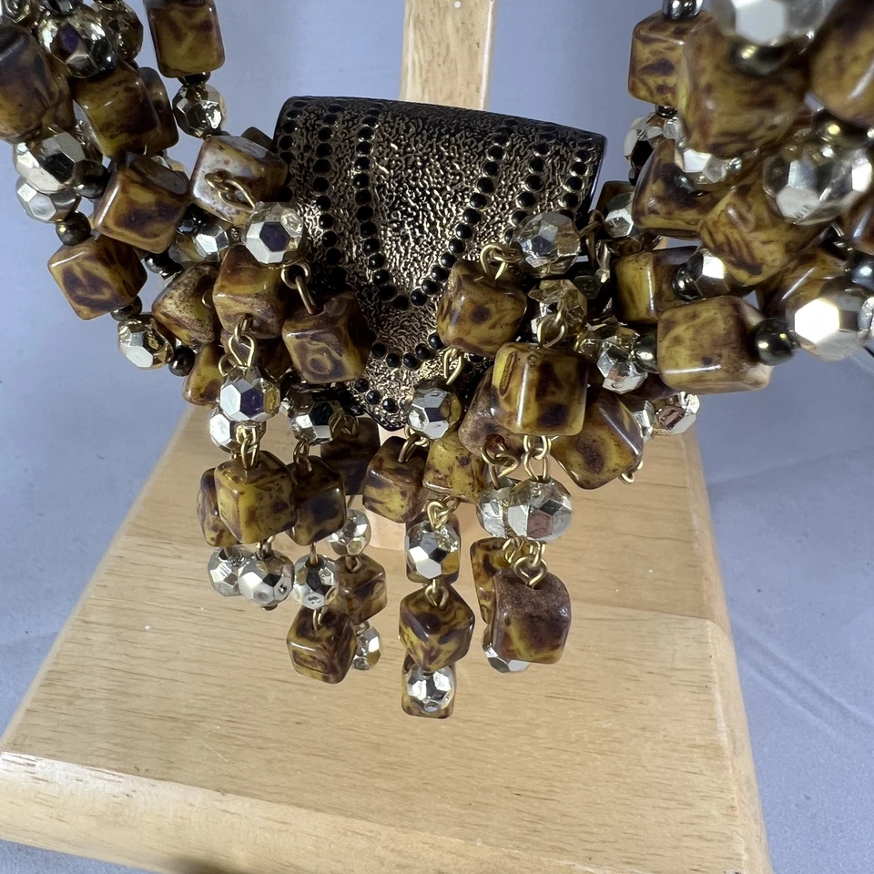 Conjunto de Pendientes Clip Collar Ojo de Tigre Marrón Tono Dorado Multi-Hebra Boho Terroso Foto 4 de 4