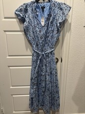 NWT Women's Ann Taylor blue floral flutter sleeve belted midi dress size 0