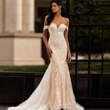 Mermaid Wedding Dresses Off the Shoulder Appliques Button Backless Bridal Gown