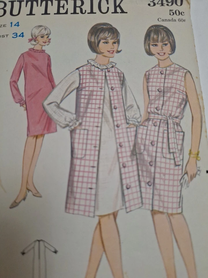 Shift Dress Coat Duster Ensemble 14 Butterick 3490 Sewing Pattern VTG UC Button - Image 2 of 4