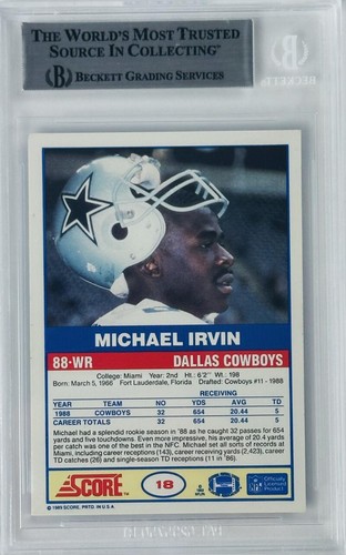MICHAEL IRVIN SIGNED 1989 SCORE ROOKIE RC DALLAS COWBOYS BECKETT BAS SLABBED 969 - Picture 2 of 2