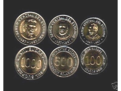 ECUADOR 100 500 1000 SUCRES 1997 x 100 Complete Sets BIMETAL UNC MONEY 3v COIN