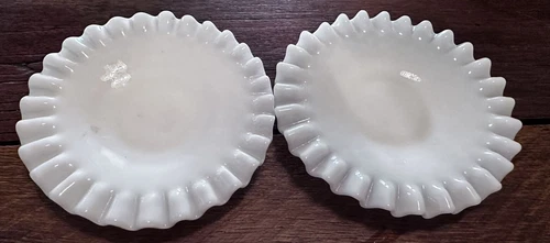 Pair of Vintage Fenton Hobnail Ruffled White Milk Glass Saucer 6" Candle Holder