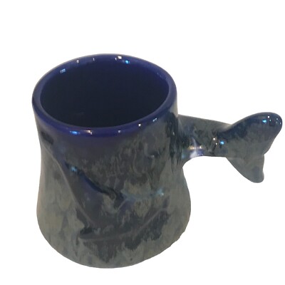 Handmade Artisan Mug 3D Tail Inside Whale Fish Tail Blue gold SM56