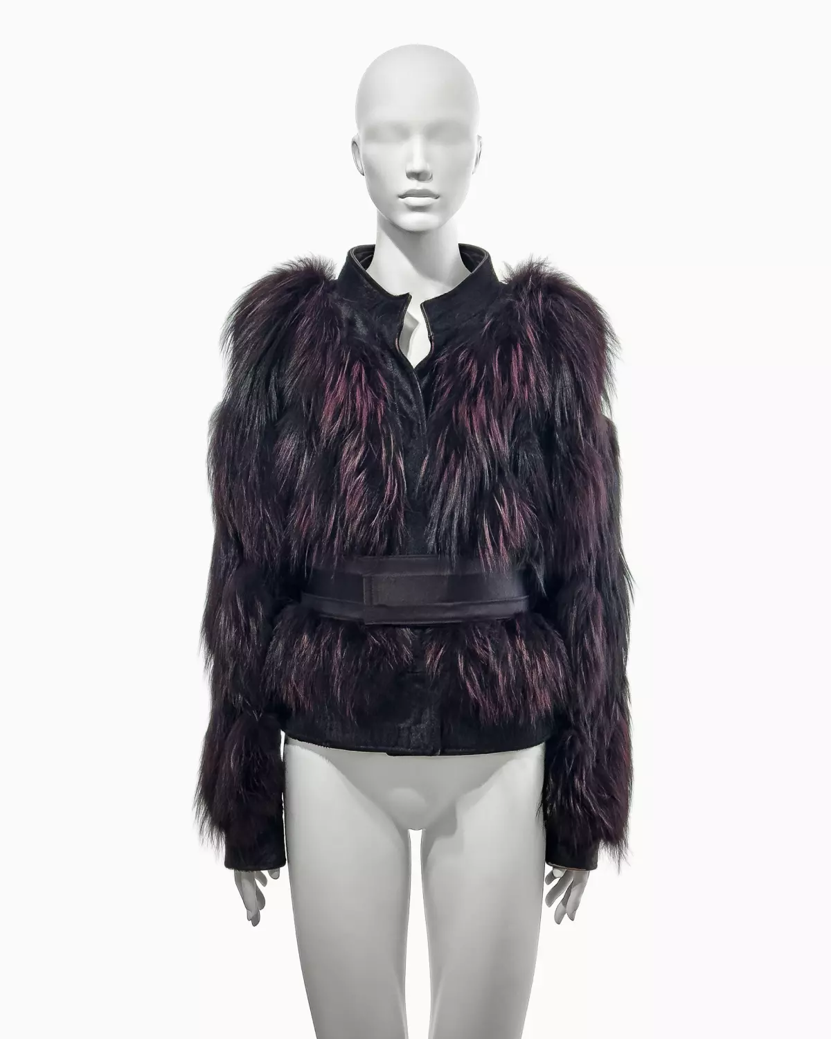 Veste en cuir fourrure de renard violet Gucci by Tom Ford 2004 F/W avec ceinture corset