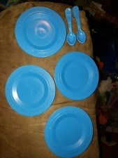 4 Fisher Price Fun with Food Vintage Tea Set BLUE Plate In 1 thru 3 2 Spoons
