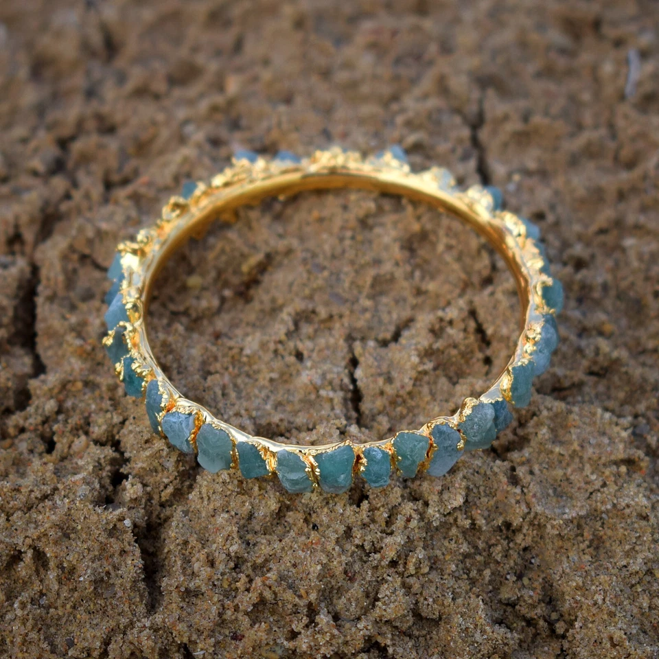 Натуральный необработанный апатит драгоценный камень моды женщин заявление браслет золотой отделки - Изображение 4 из 4