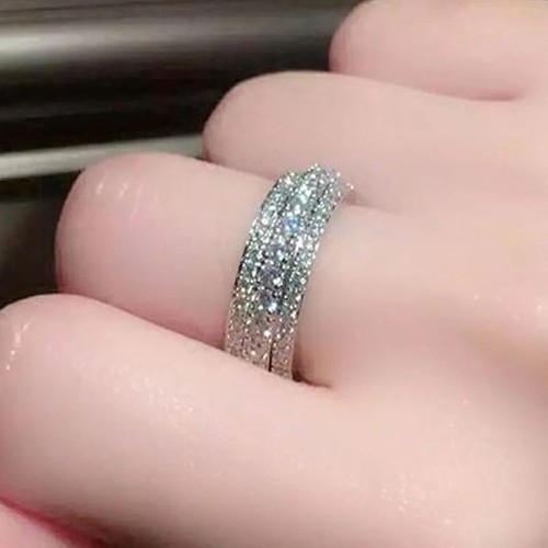 Moissanite Style Wedding Band Wide Eternity Design for Women Silver Tone - Picture 4 of 7