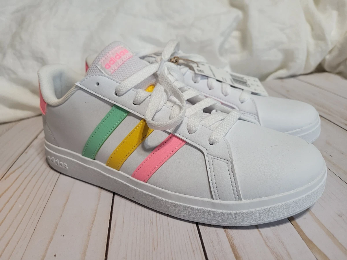 adidas unisex Grand Court 2.0 White rainbow Tennis Shoes Sneakers