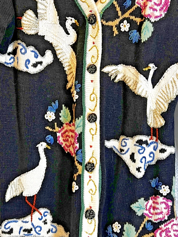 Storybook Knits Women Small Black Oriental Cardigan Sweater VTG 90s Tapestry - Image 2 of 4