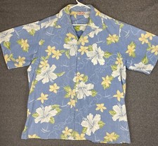 Go Barefoot Hawaiian Shirt Mens L Blue Floral Short Sleeve Button Up Made in USA