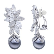 Women Non Pierced Pearl Earrings Clip On Silver Plated Leaf Cubic Zircon Jewelry