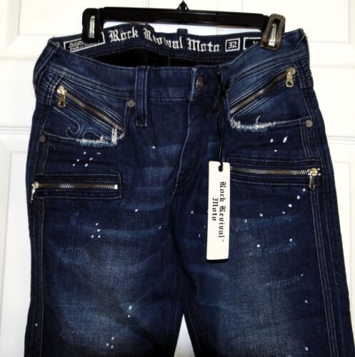 NEW ROCK & REVIVAL MOTO VACLAR Skinny Leg Men's Dark Blue Stretch Jeans Sz 32x32 - Picture 3 of 10