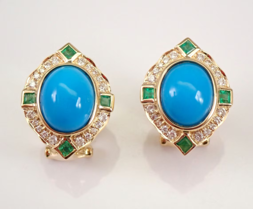 14K Yellow Gold Plated 3Ct Lab Created Oval Turquoise Halo Earrings Omega Clip - Picture 1 of 6