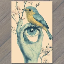 Art Print Surreal Gothic Blue Bird Eye Held Human Palm Spooky Weird Dark Fantasy