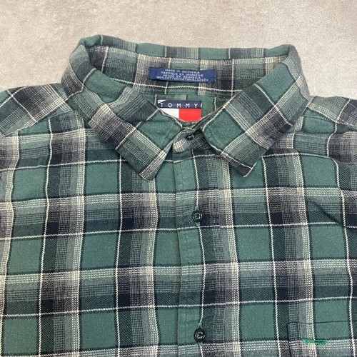 Tommy Hilfiger Shirt Mens XL Y2K Long Sleeve Button Up Chequered Top, Green - 第 6/11 張圖片