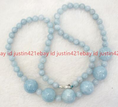Beautiful 6-14mm Natural Blue Aquamarine Gemstone Round Beads Necklace 18'' AAA
