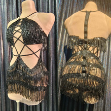 Black Sequins Tassel Dress Celebrate Stretch Nightclub Stage Wear Drag Queen