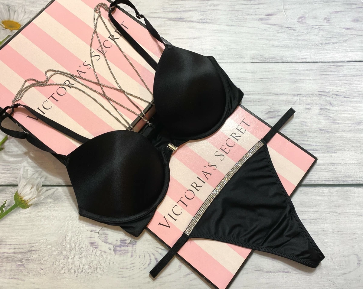 Victoria’s Secret Very Sexy Diamond Chain Front Closure Push Up Bra Set  Black