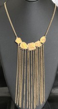 Statement Bib Fringe Necklace Gold Tone Chain Iridescent Yellow Faceted Beads