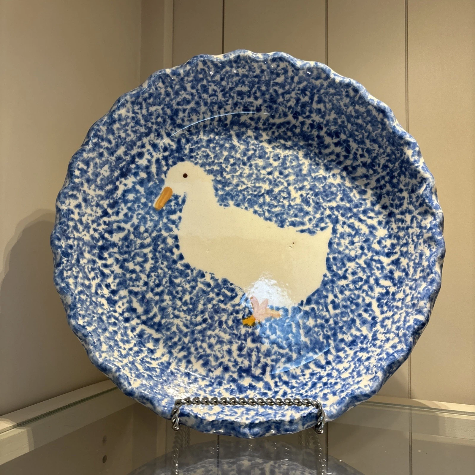 1971 Los Angeles Potteries Ovenware Duck Blue Sponge Pie Plate Dish #630 w/extra
