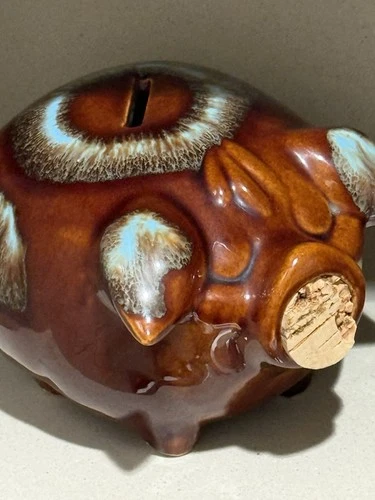 Vintage Antique 1957 Corky Pig Antique Brown Ceramic Piggy Bank Hull Pottery USA