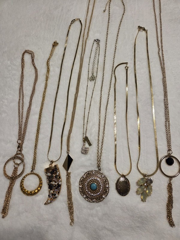 lot of 9 Unique Gold-tone Mostly vintage Necklaces, Locket, Italian Horn, & More