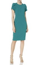 NWT Calvin Klein Teal Sheath Dress Round Neck Tulip Sleeve Knee Length Sz 8