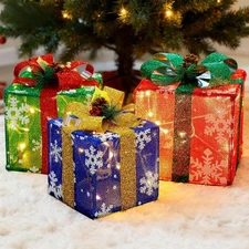 Set of 3 Lighted Gift Boxes Christmas Decorations, Snowflake Present Boxes, C...