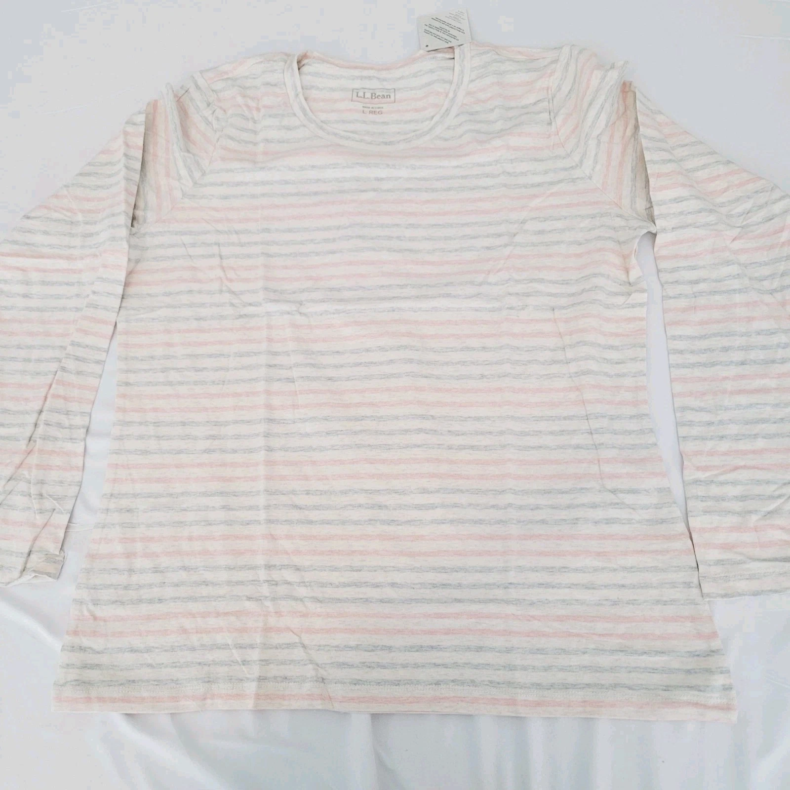 LL Bean Top Womans Large Cream Heather Striped Base Layer Long Sleeve Tee New