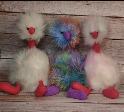 3 Jellycat Pom Pom, Emu, Strauß, Raspberry Ripple, Rainbow, Ostrich Weiss, 36cm