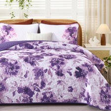 Floral Quilt Set King 3 Pieces Purple Watercolor Botanical Quilt Coverlet Set...