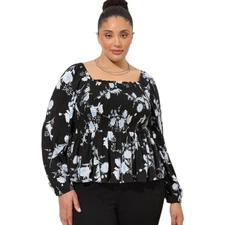 NWT Torrid Rayon Slub Smocked Bodice LS Crop Blouse Floral Black Plus Size 5X